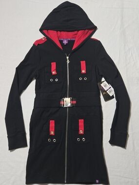 Luxurie By Lrg Vintage Black & Red Hooded Zip Jacket Dress with Belt